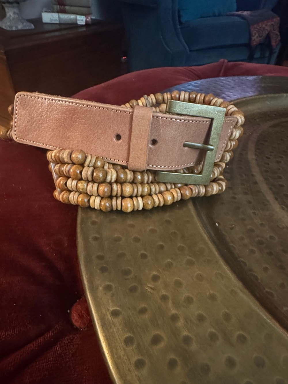 Source Unknown Tan Wooden Beaded Belt with Antiqued Brass Buckle
